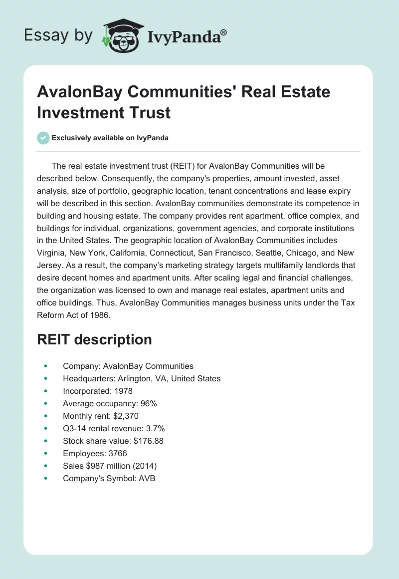 AvalonBay Communities' Real Estate Investment Trust. Page 1