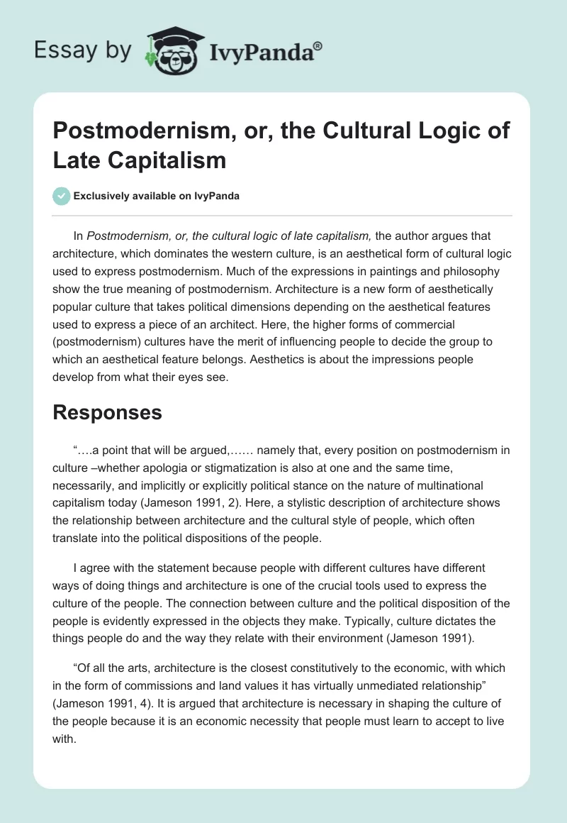 Postmodernism, or, the Cultural Logic of Late Capitalism. Page 1