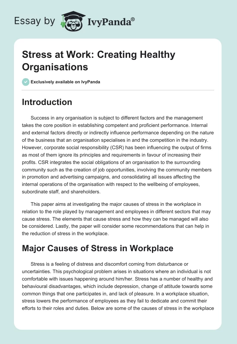 Stress at Work: Creating Healthy Organisations. Page 1