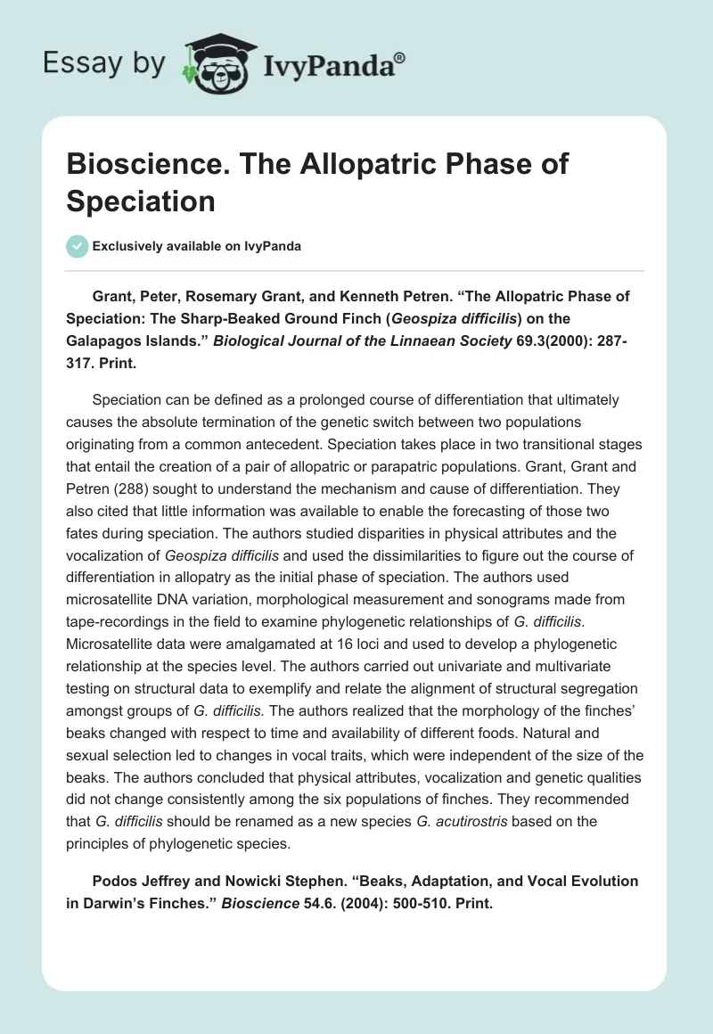Bioscience. The Allopatric Phase of Speciation. Page 1