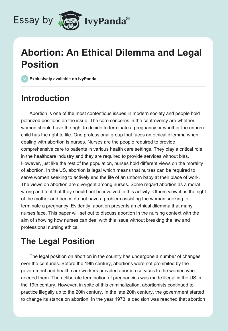 Abortion: An Ethical Dilemma and Legal Position. Page 1