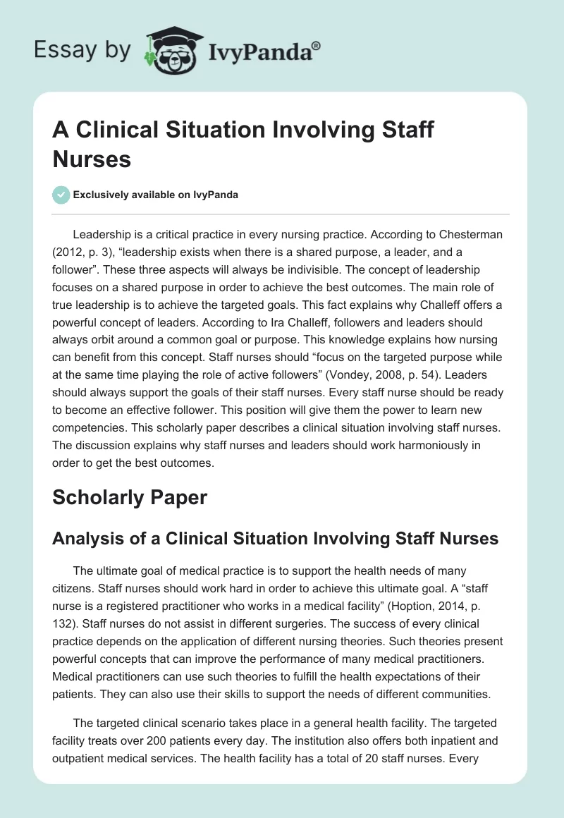 A Clinical Situation Involving Staff Nurses. Page 1