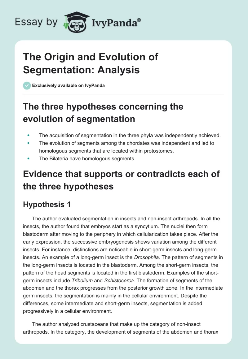 The Origin and Evolution of Segmentation: Analysis. Page 1