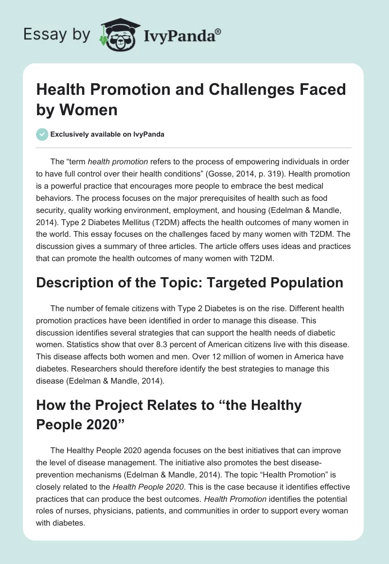 Health Promotion and Challenges Faced by Women. Page 1