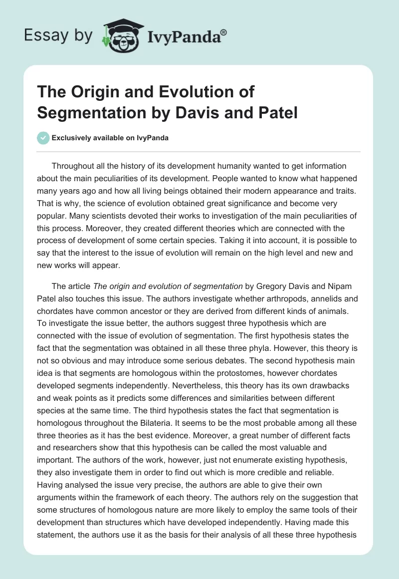 The Origin and Evolution of Segmentation by Davis and Patel. Page 1