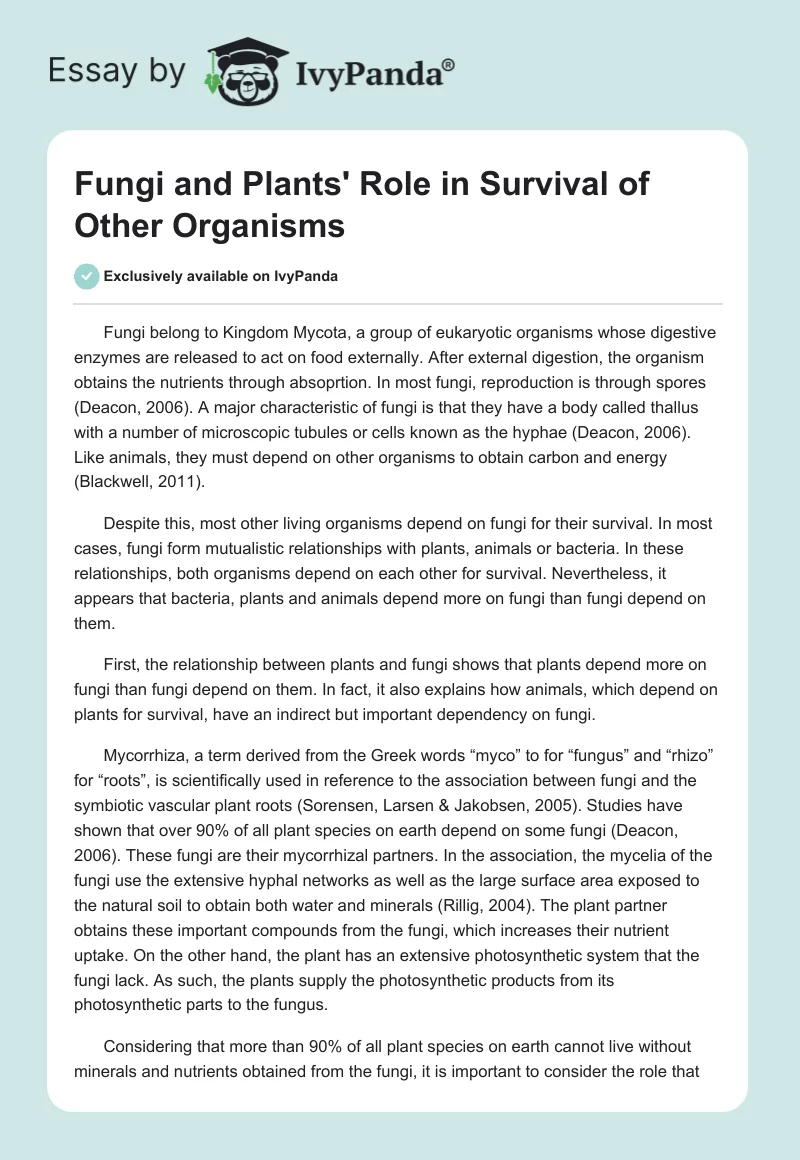 Fungi and Plants' Role in Survival of Other Organisms. Page 1