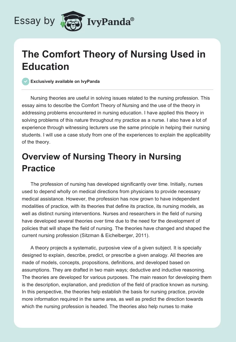 The Comfort Theory of Nursing Used in Education. Page 1