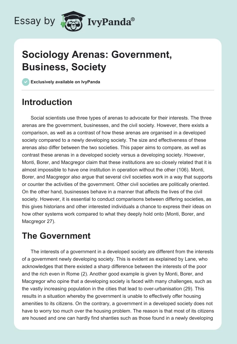 Sociology Arenas: Government, Business, Society. Page 1