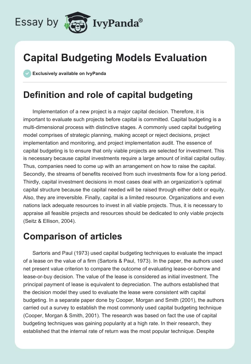Capital Budgeting Models Evaluation. Page 1