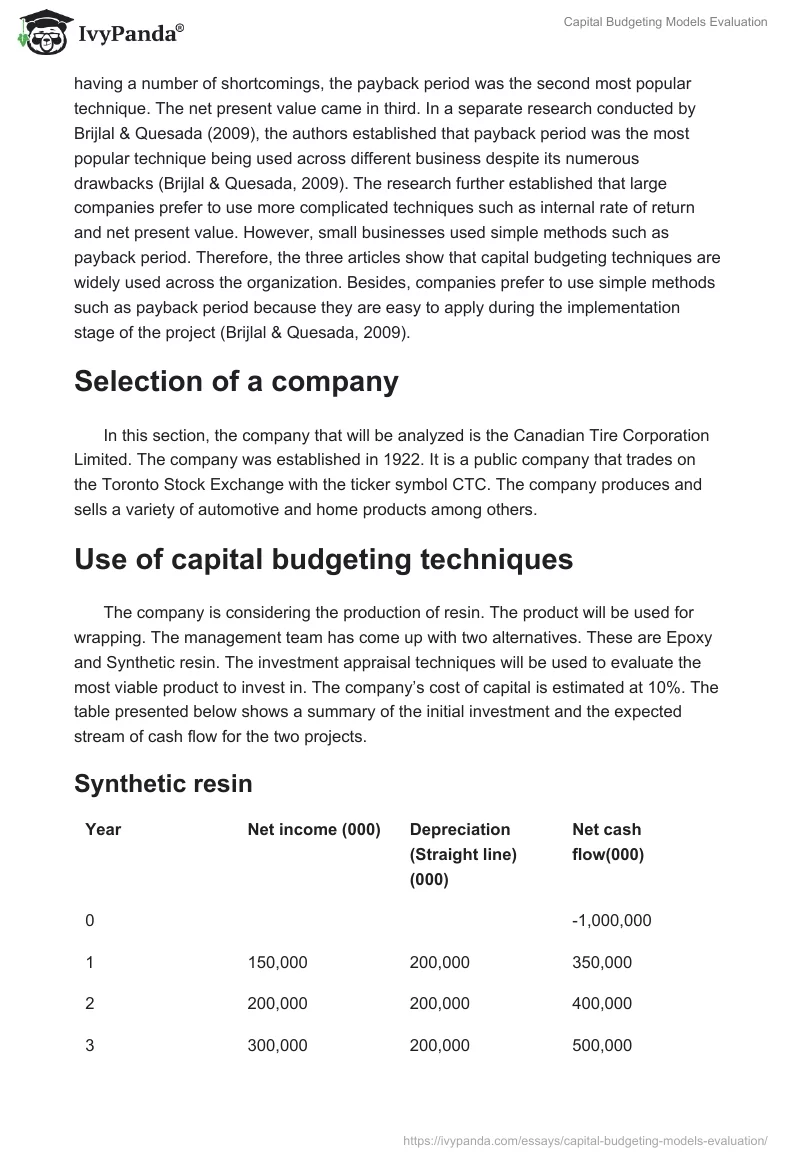 Capital Budgeting Models Evaluation. Page 2