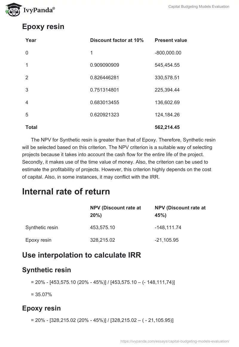 Capital Budgeting Models Evaluation. Page 4