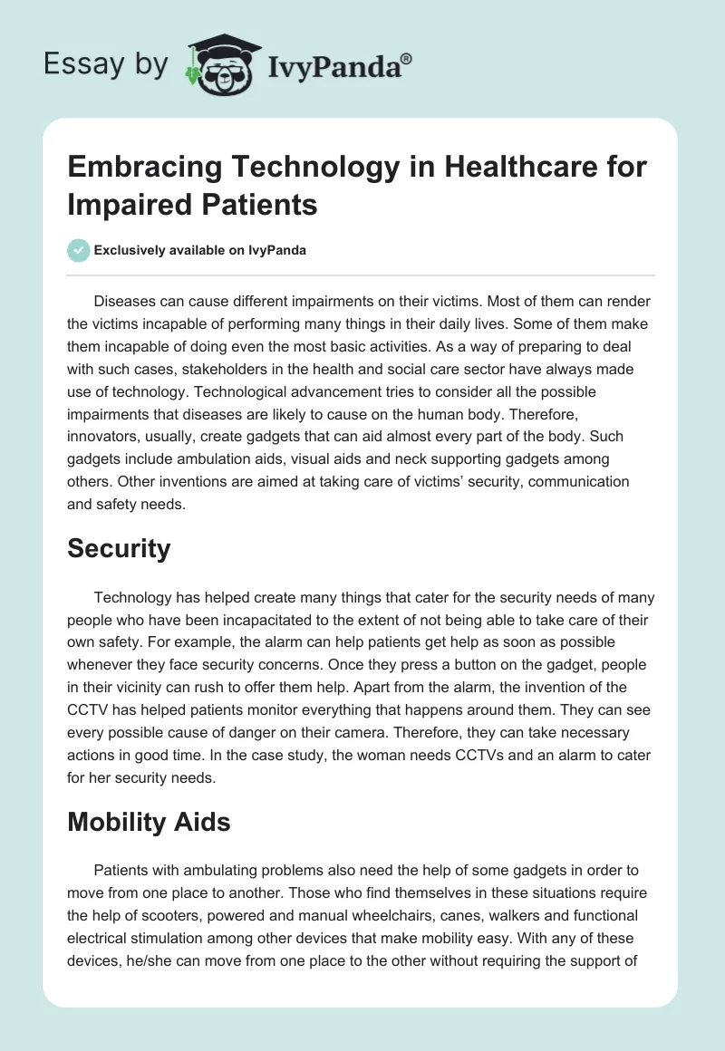 Embracing Technology in Healthcare for Impaired Patients. Page 1