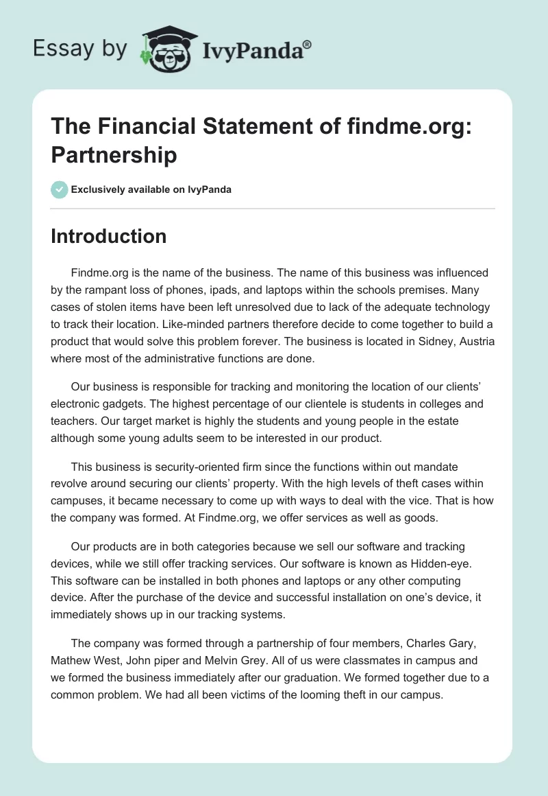 The Financial Statement of findme.org: Partnership. Page 1