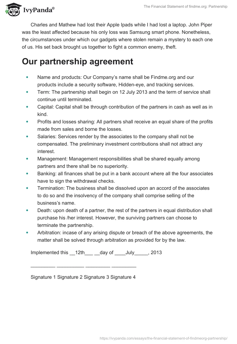 The Financial Statement of findme.org: Partnership. Page 2