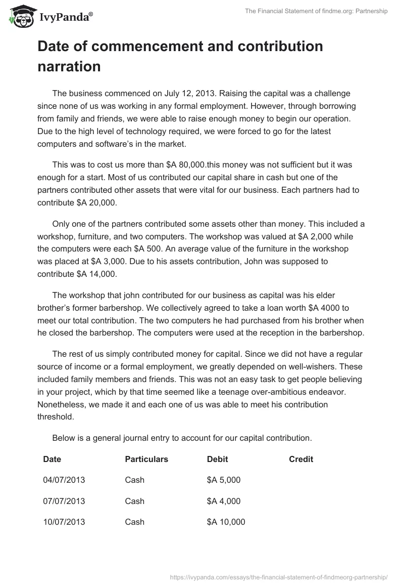 The Financial Statement of findme.org: Partnership. Page 3