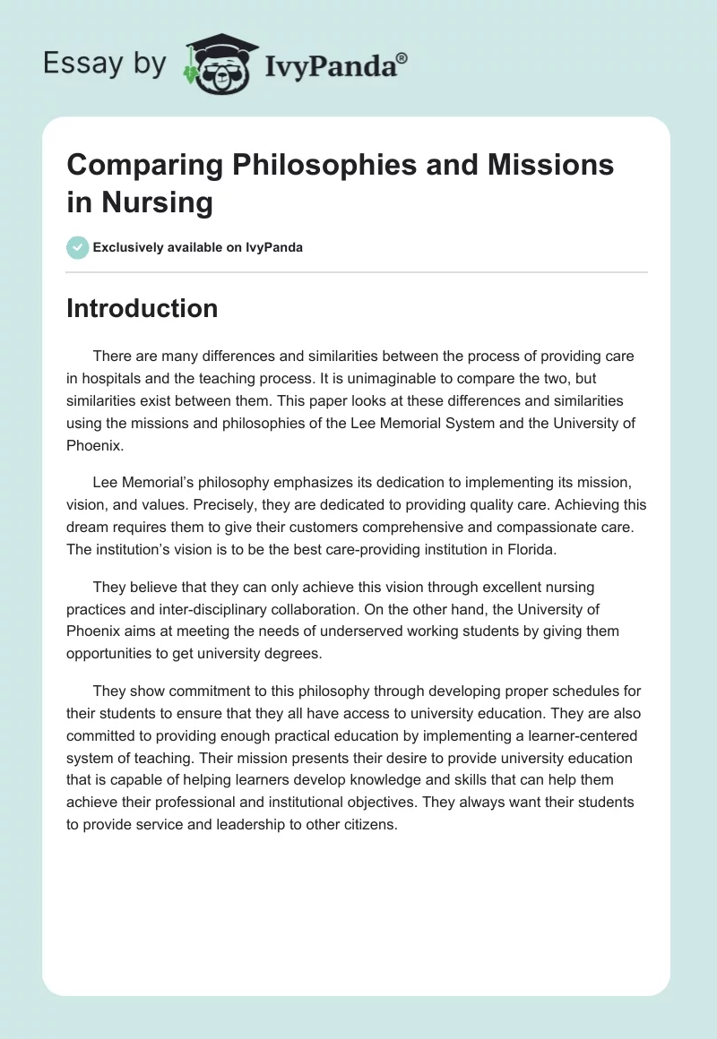 Comparing Philosophies and Missions in Nursing. Page 1