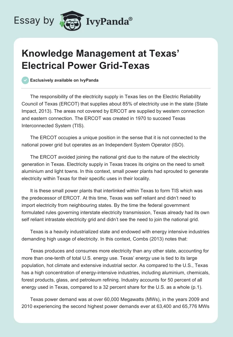 Knowledge Management at Texas’ Electrical Power Grid-Texas. Page 1