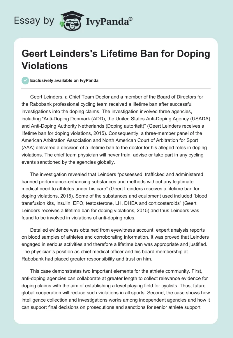 Geert Leinders's Lifetime Ban for Doping Violations. Page 1