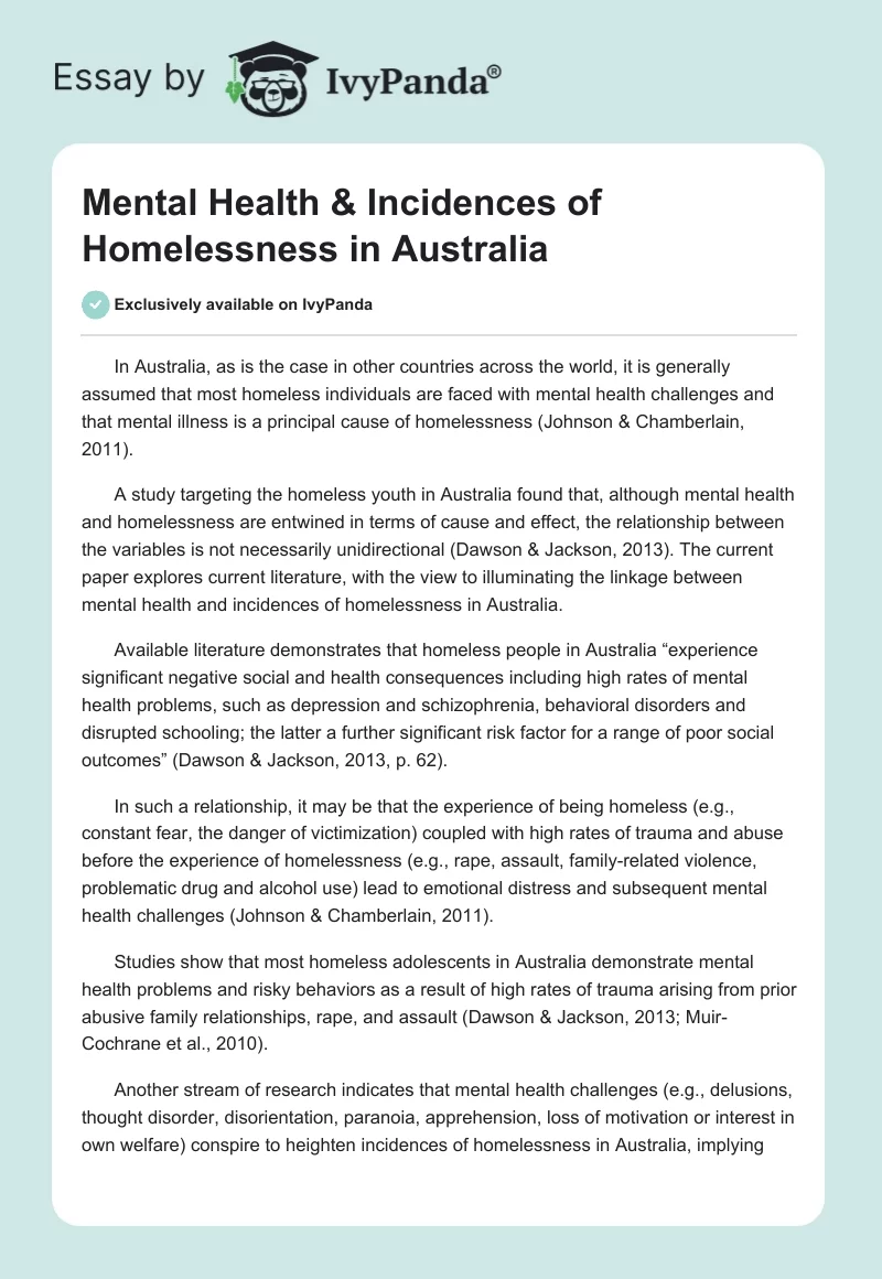 Mental Health & Incidences of Homelessness in Australia. Page 1