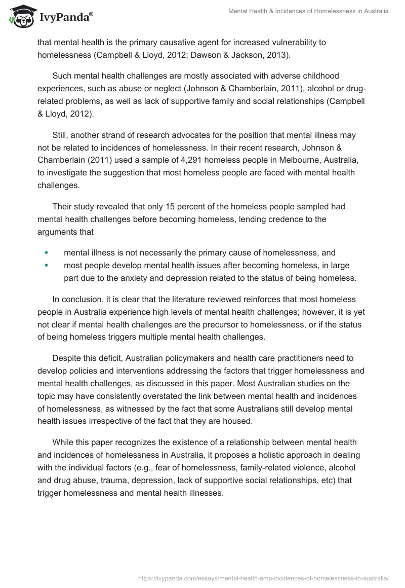 Mental Health & Incidences of Homelessness in Australia. Page 2