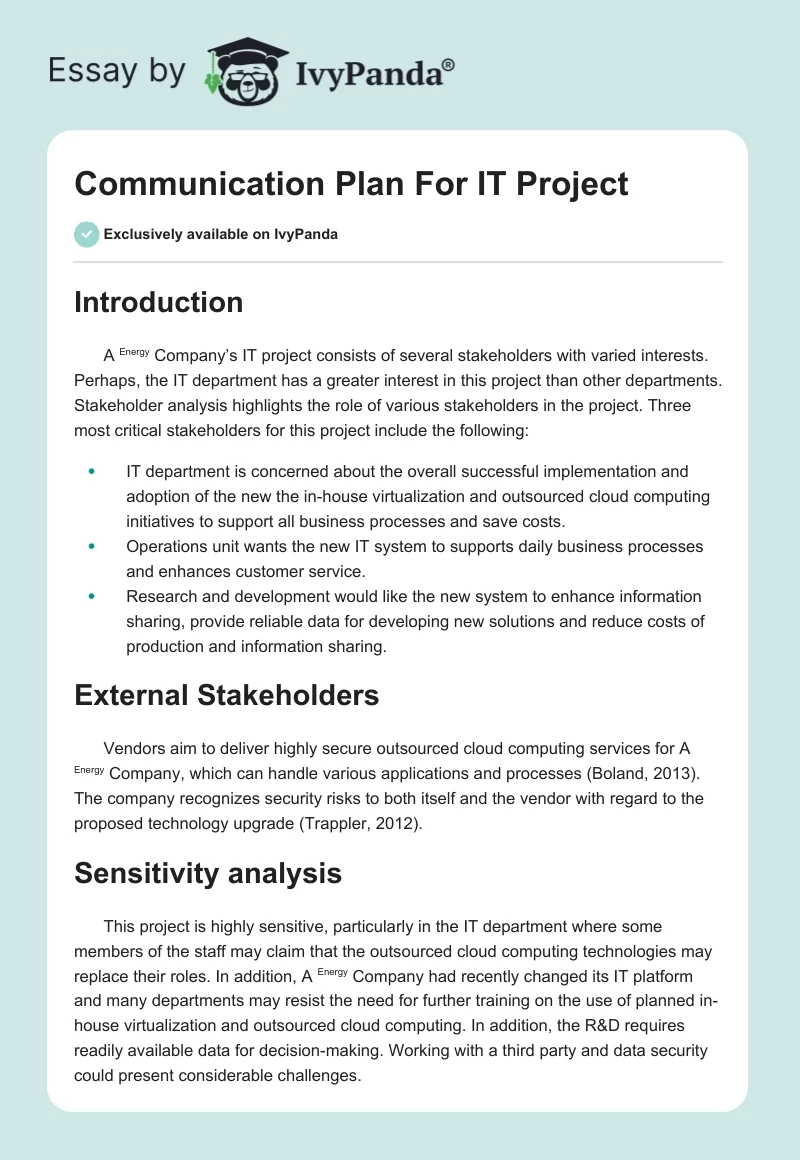 Communication Plan For IT Project. Page 1