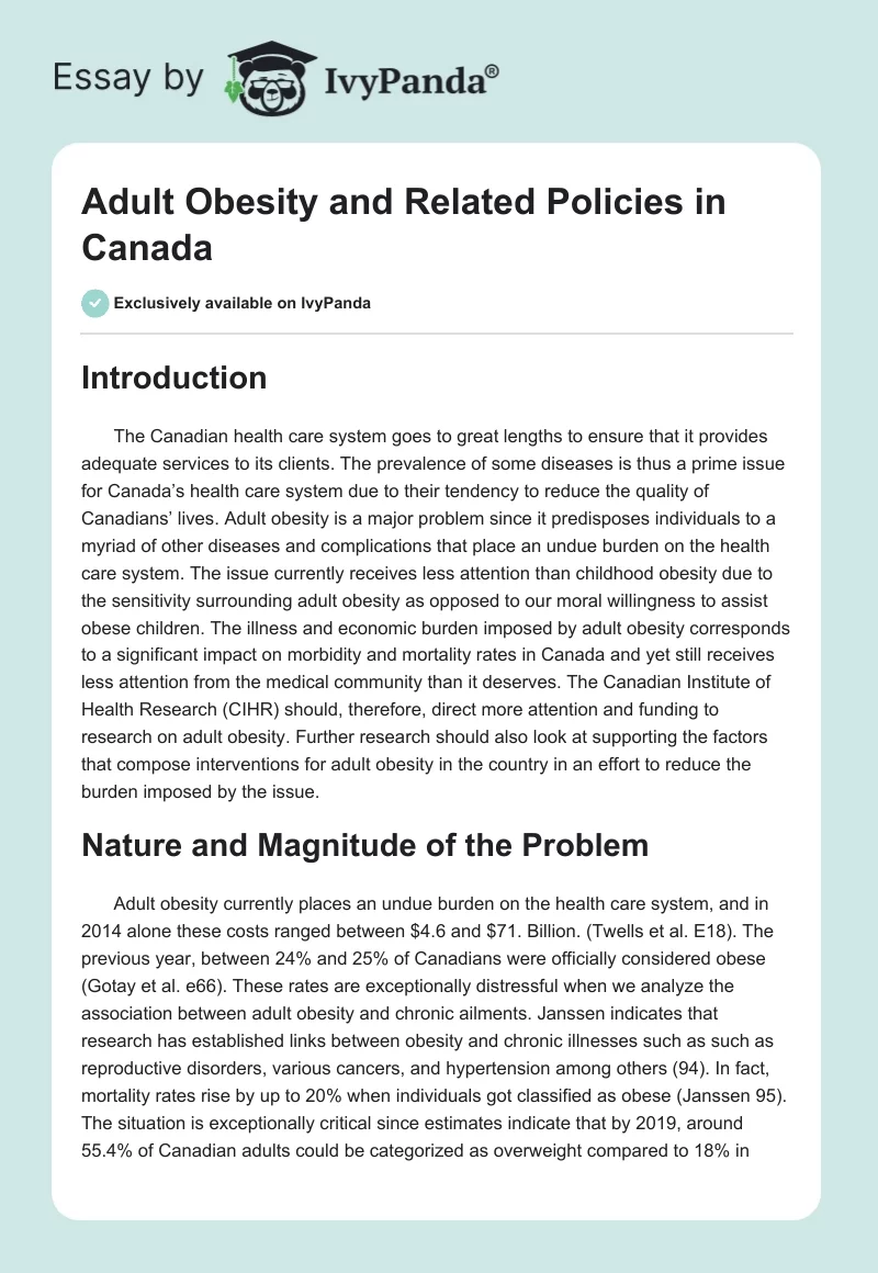 Adult Obesity and Related Policies in Canada. Page 1