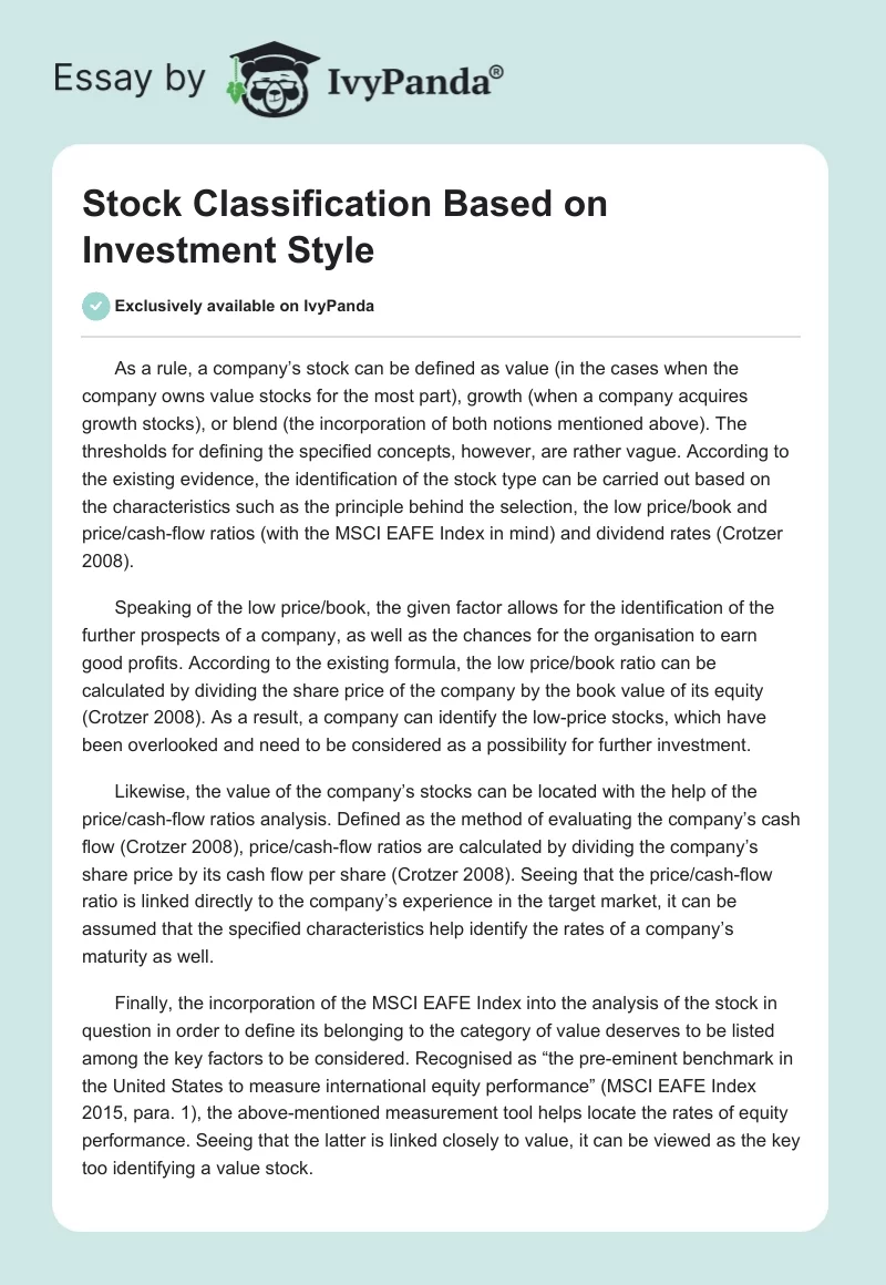 Stock Classification Based on Investment Style. Page 1