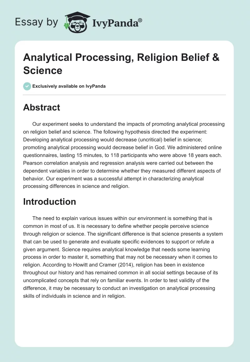 Analytical Processing, Religion Belief & Science. Page 1