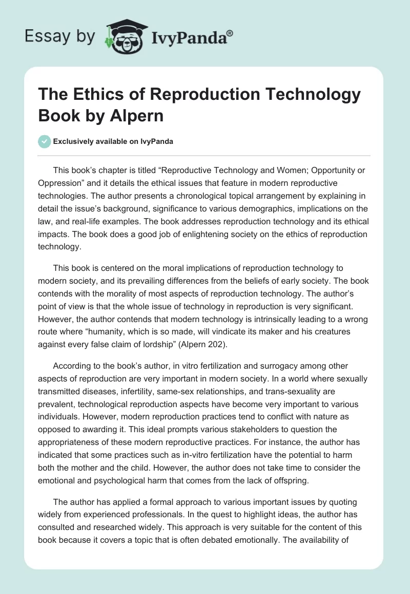 The Ethics of Reproduction Technology Book by Alpern. Page 1