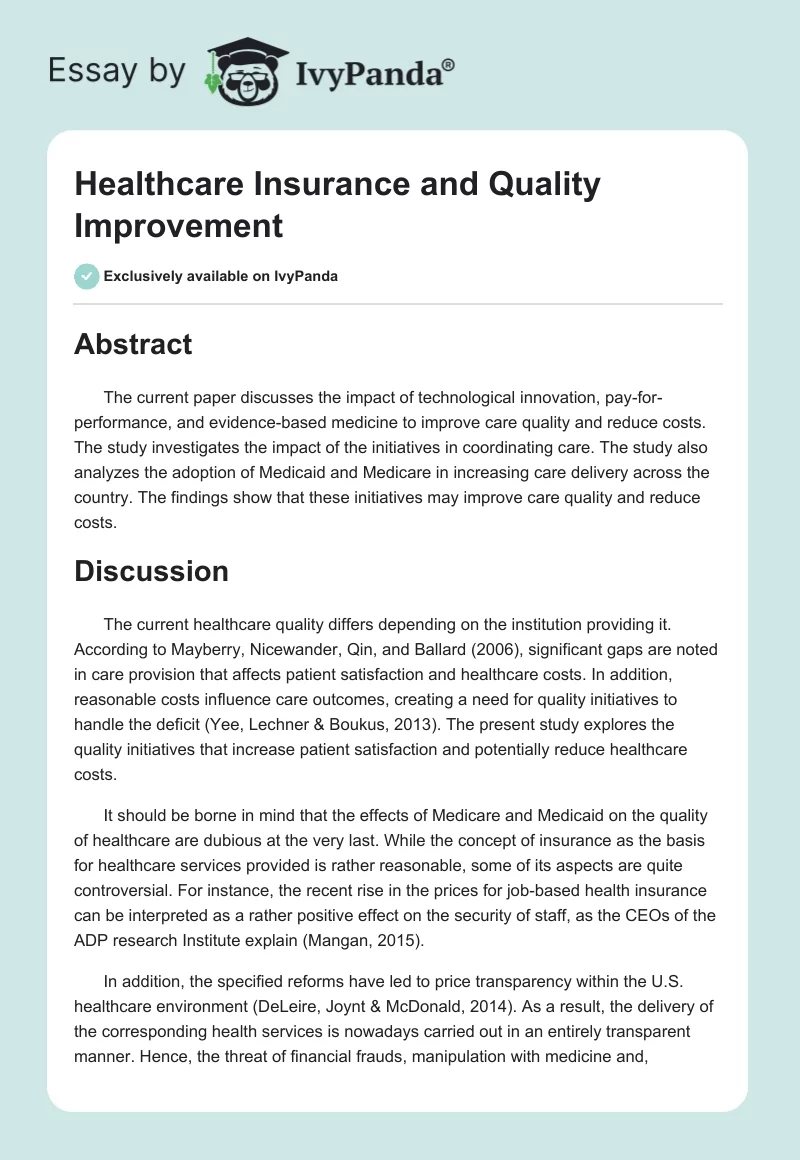 Healthcare Insurance and Quality Improvement. Page 1