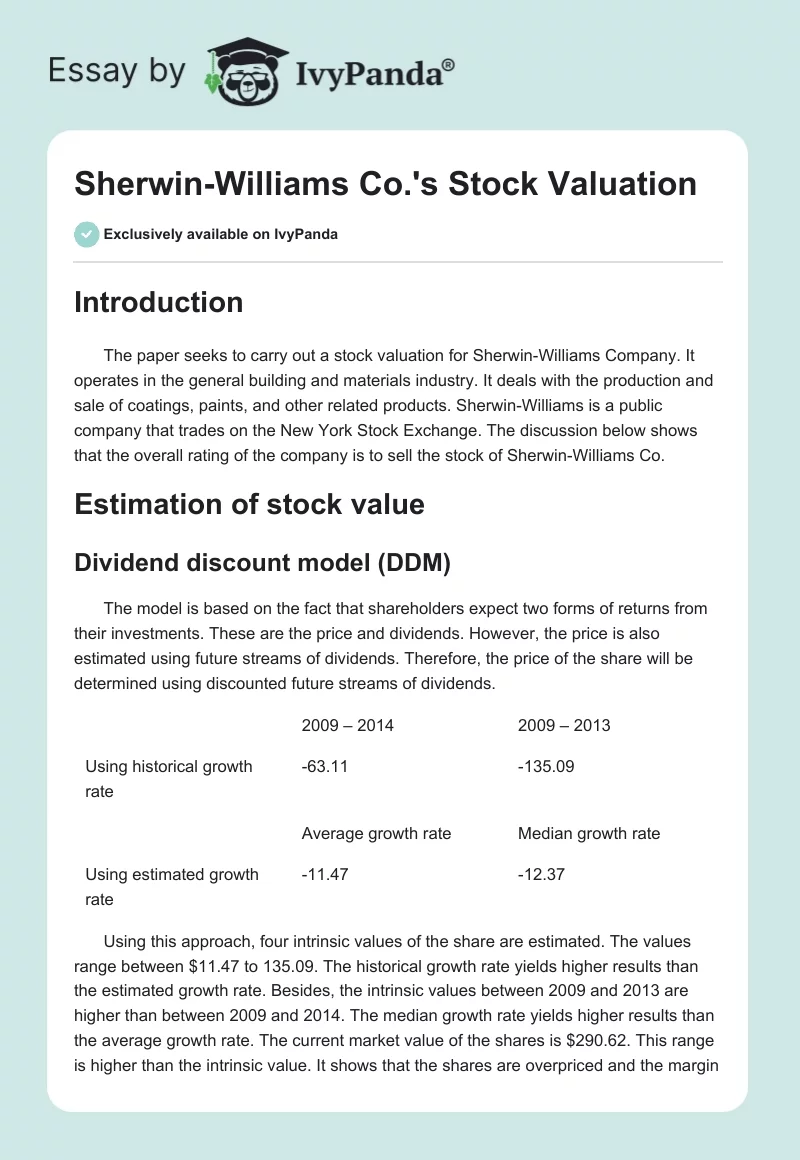 Sherwin-Williams Co.'s Stock Valuation. Page 1