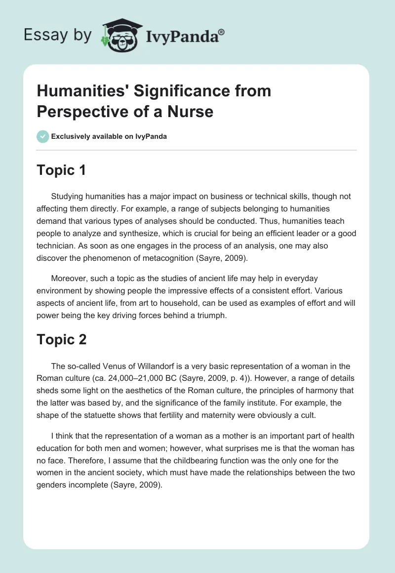 Humanities' Significance from Perspective of a Nurse. Page 1