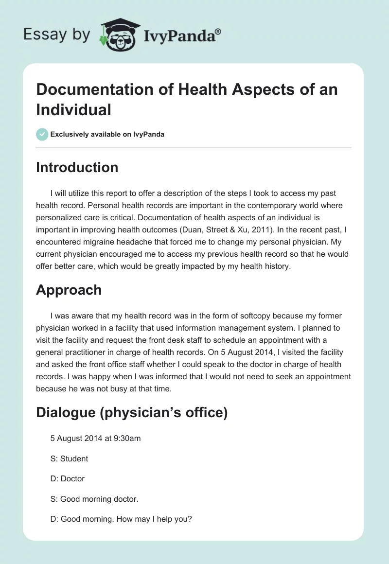Documentation of Health Aspects of an Individual. Page 1