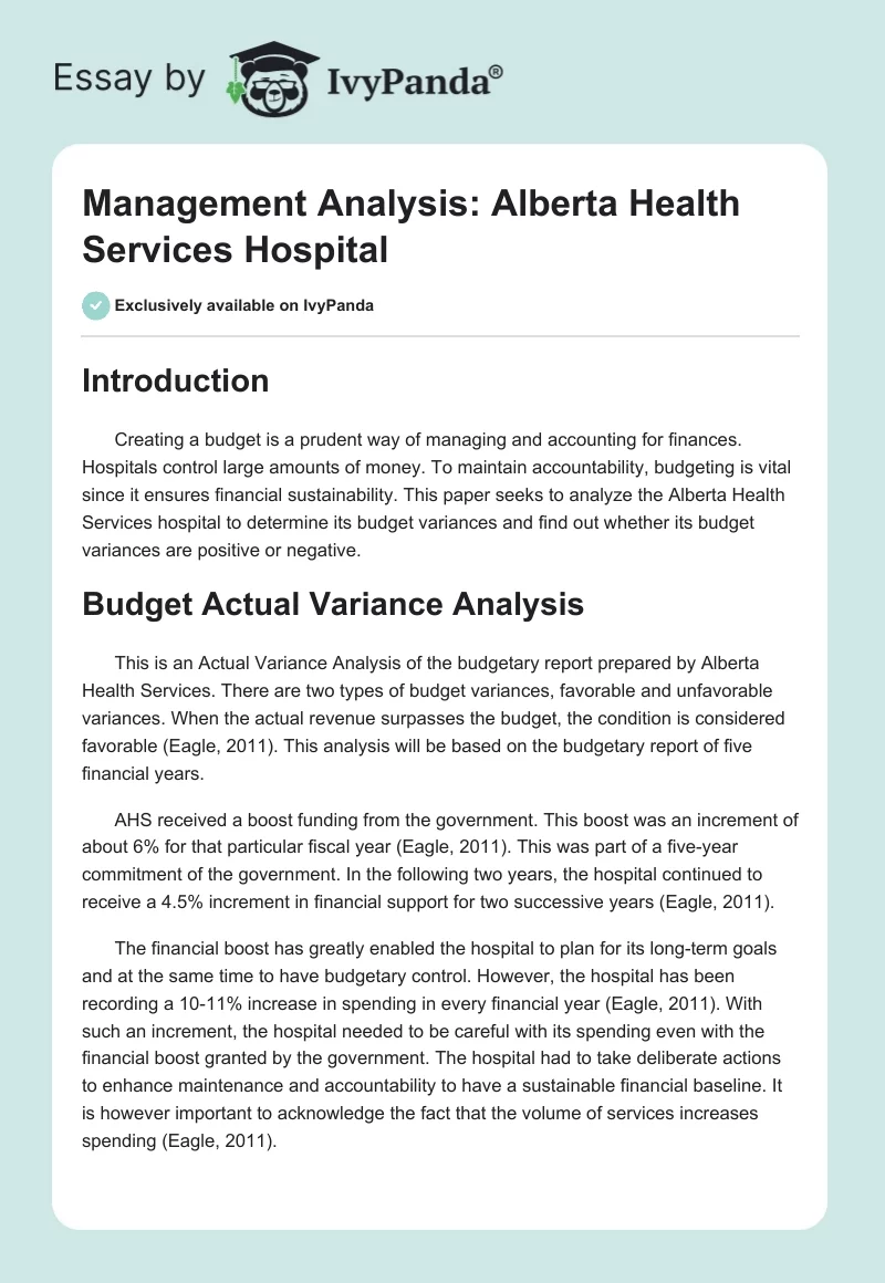 Management Analysis: Alberta Health Services Hospital. Page 1
