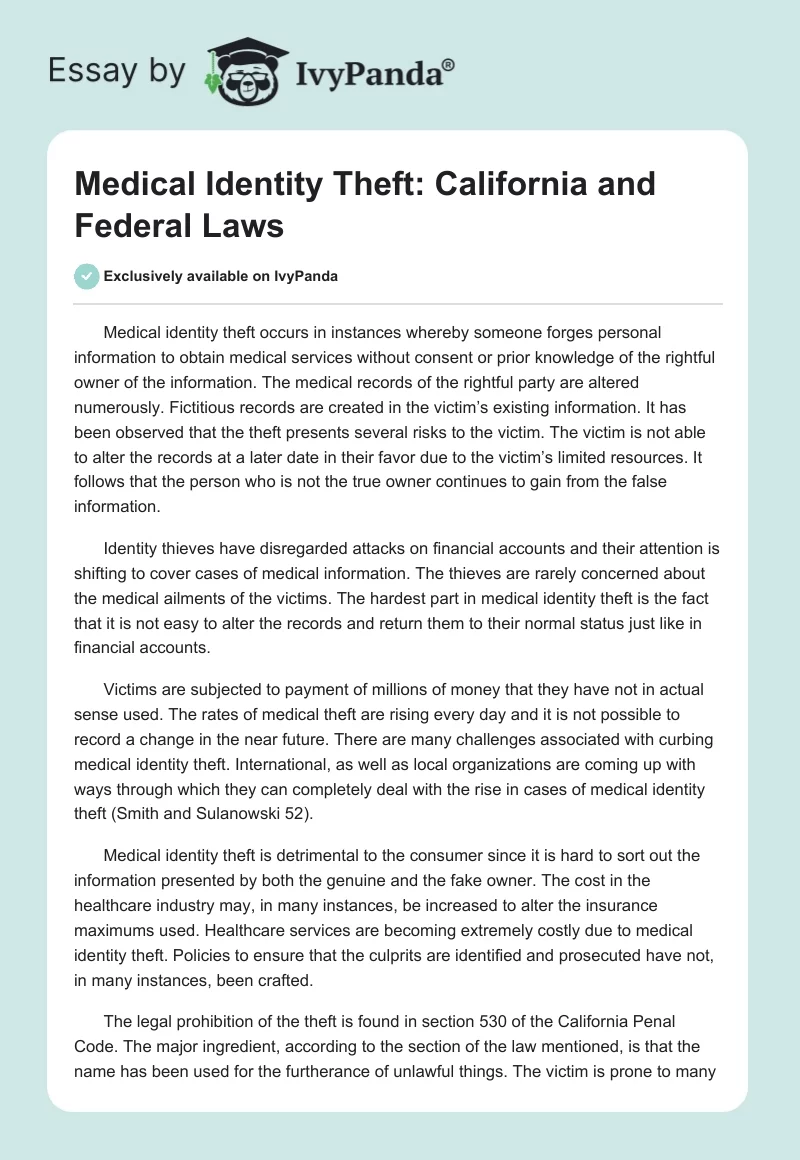 Medical Identity Theft: California and Federal Laws. Page 1