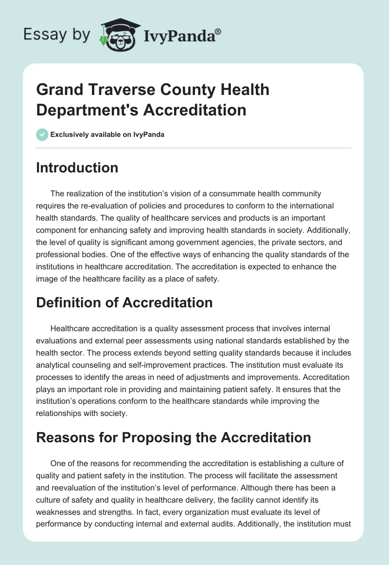 Grand Traverse County Health Department's Accreditation. Page 1
