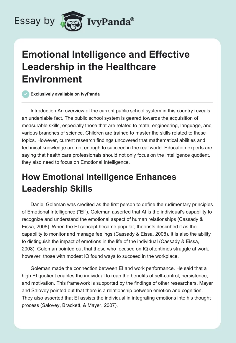 Emotional Intelligence and Effective Leadership in the Healthcare Environment. Page 1