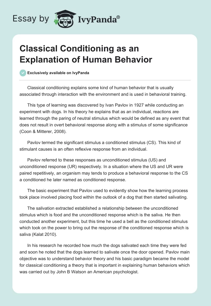 Classical Conditioning as an Explanation of Human Behavior. Page 1