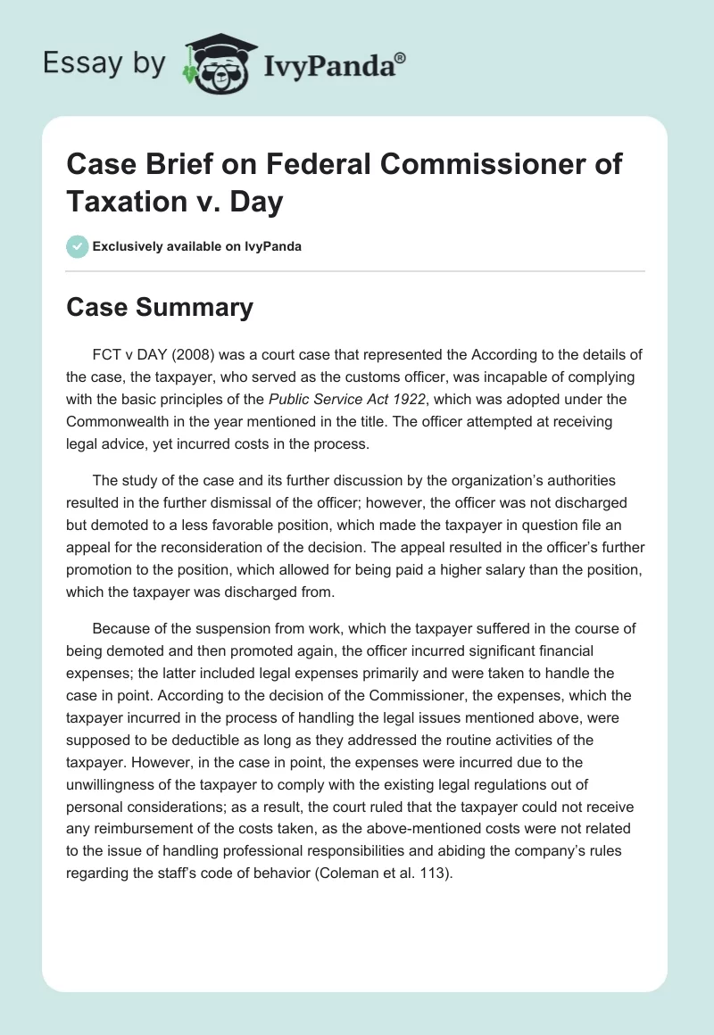 Case Brief on Federal Commissioner of Taxation v. Day. Page 1