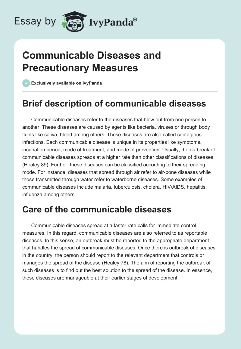 Communicable Diseases and Precautionary Measures. Page 1