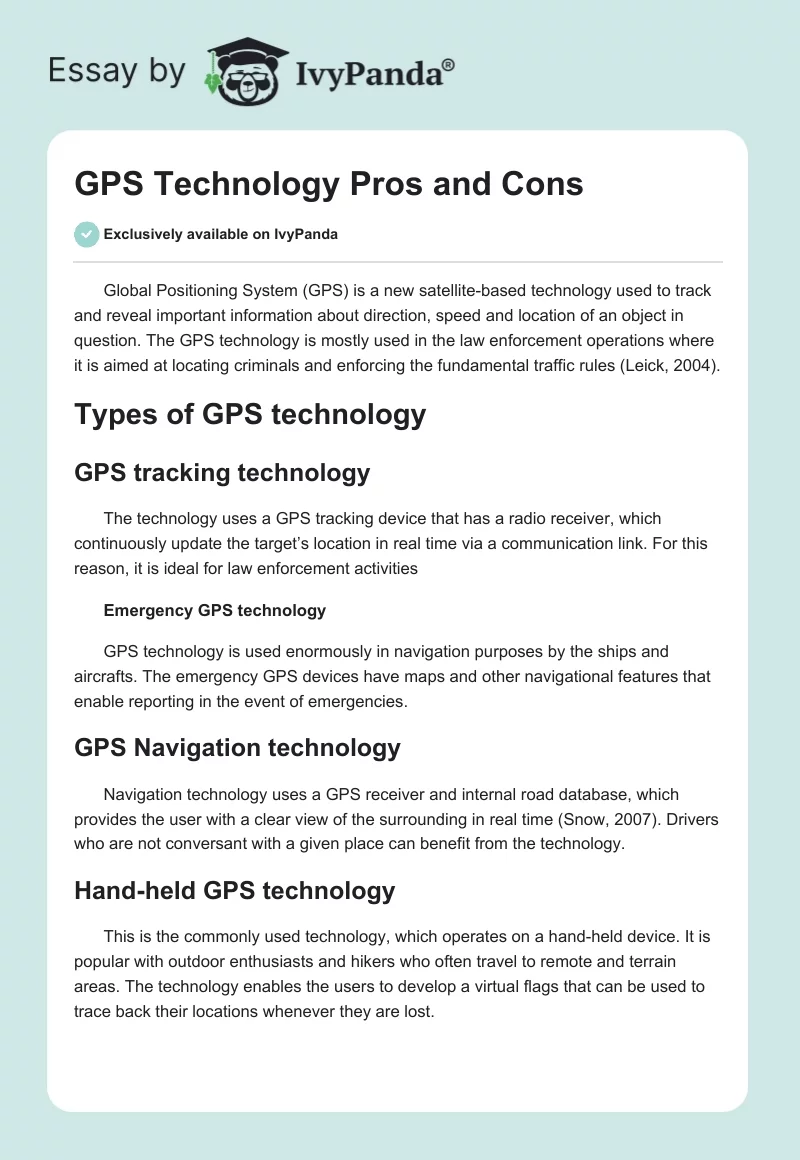 GPS Technology Pros and Cons. Page 1