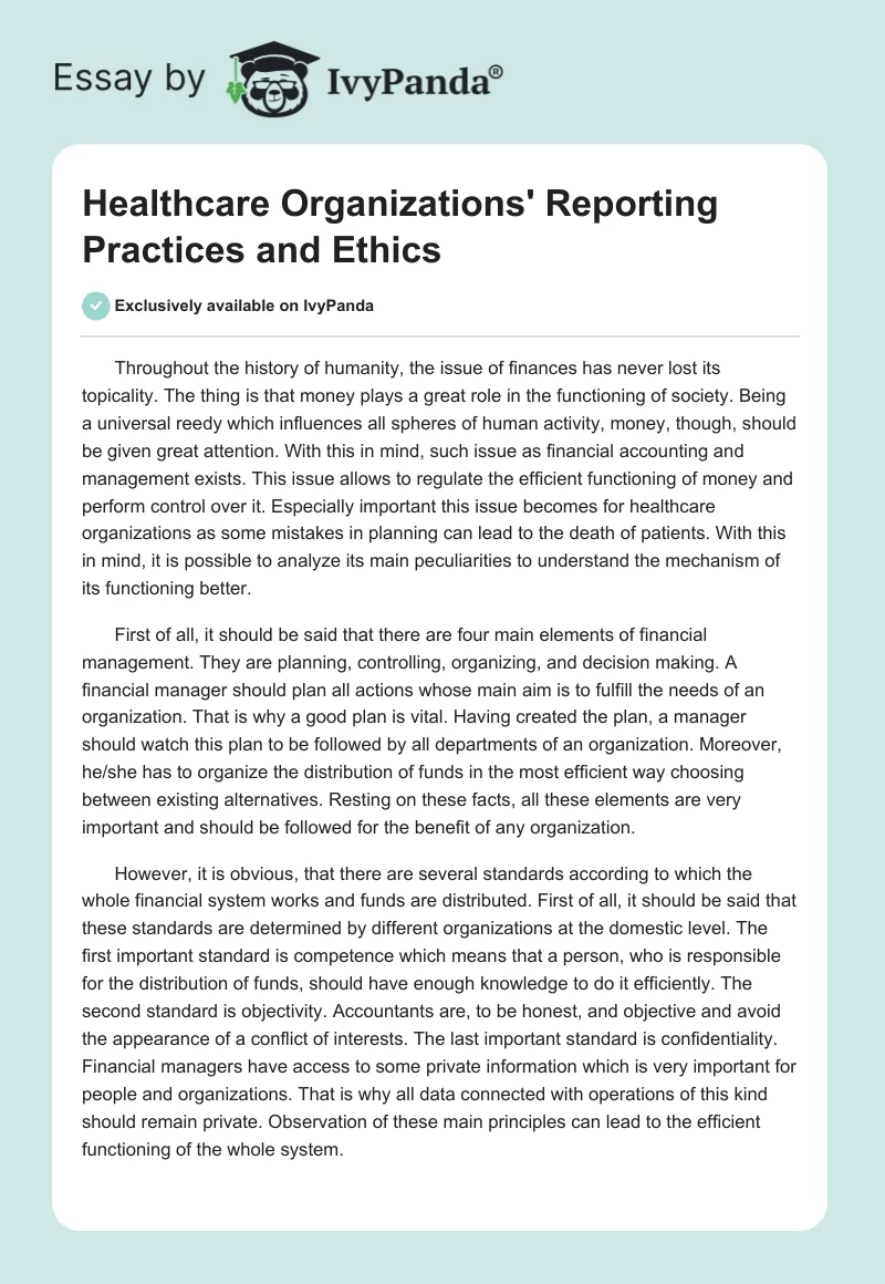 Healthcare Organizations' Reporting Practices and Ethics. Page 1