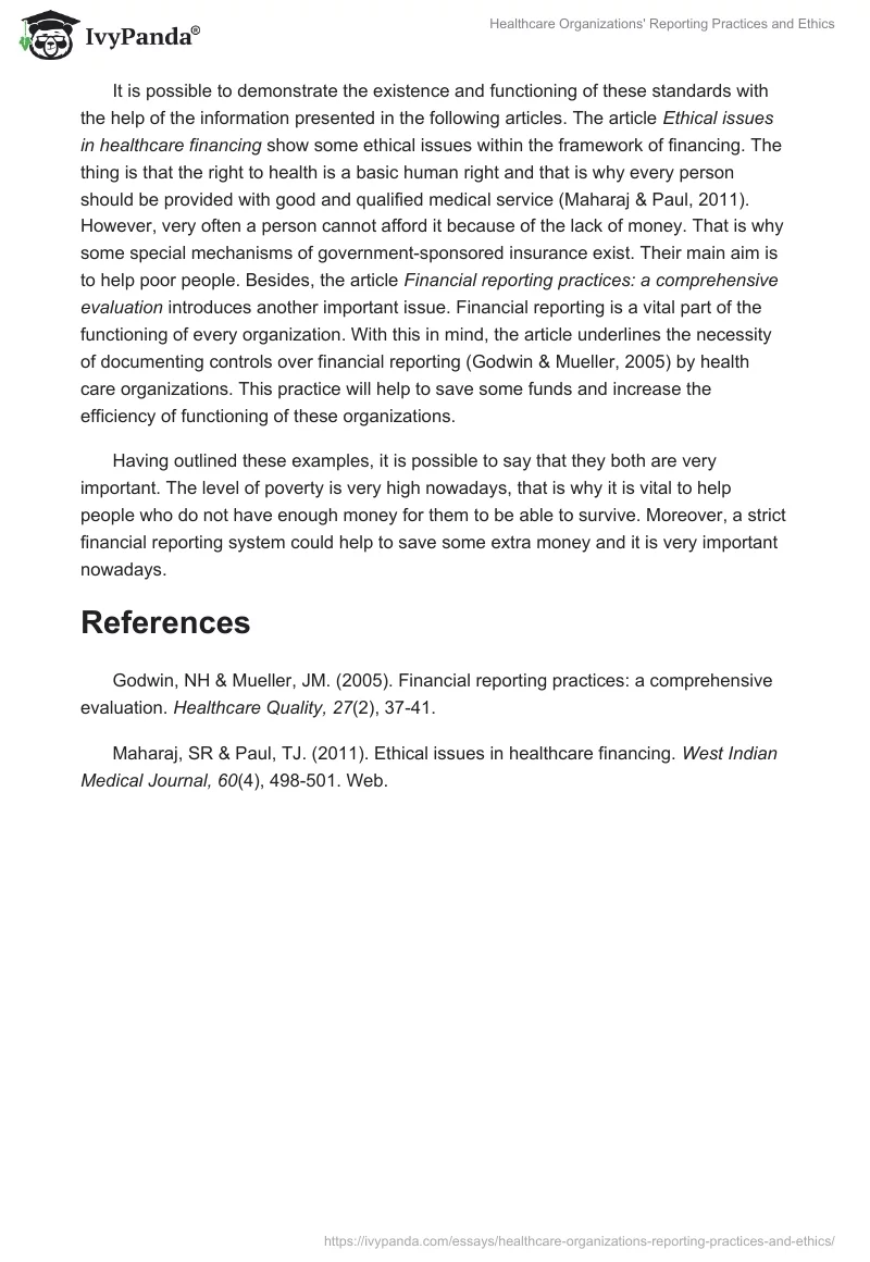 Healthcare Organizations' Reporting Practices and Ethics. Page 2