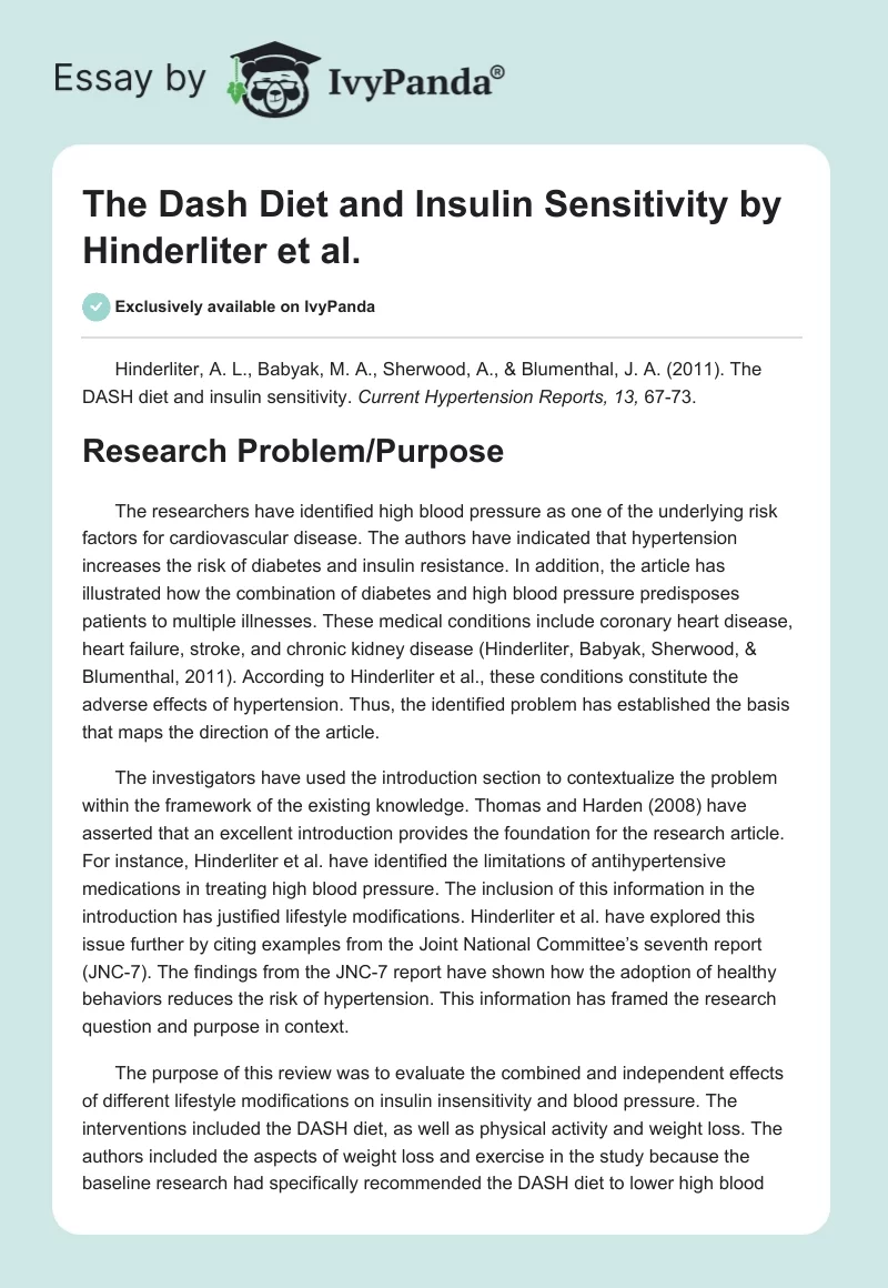 The Dash Diet and Insulin Sensitivity by Hinderliter et al.. Page 1