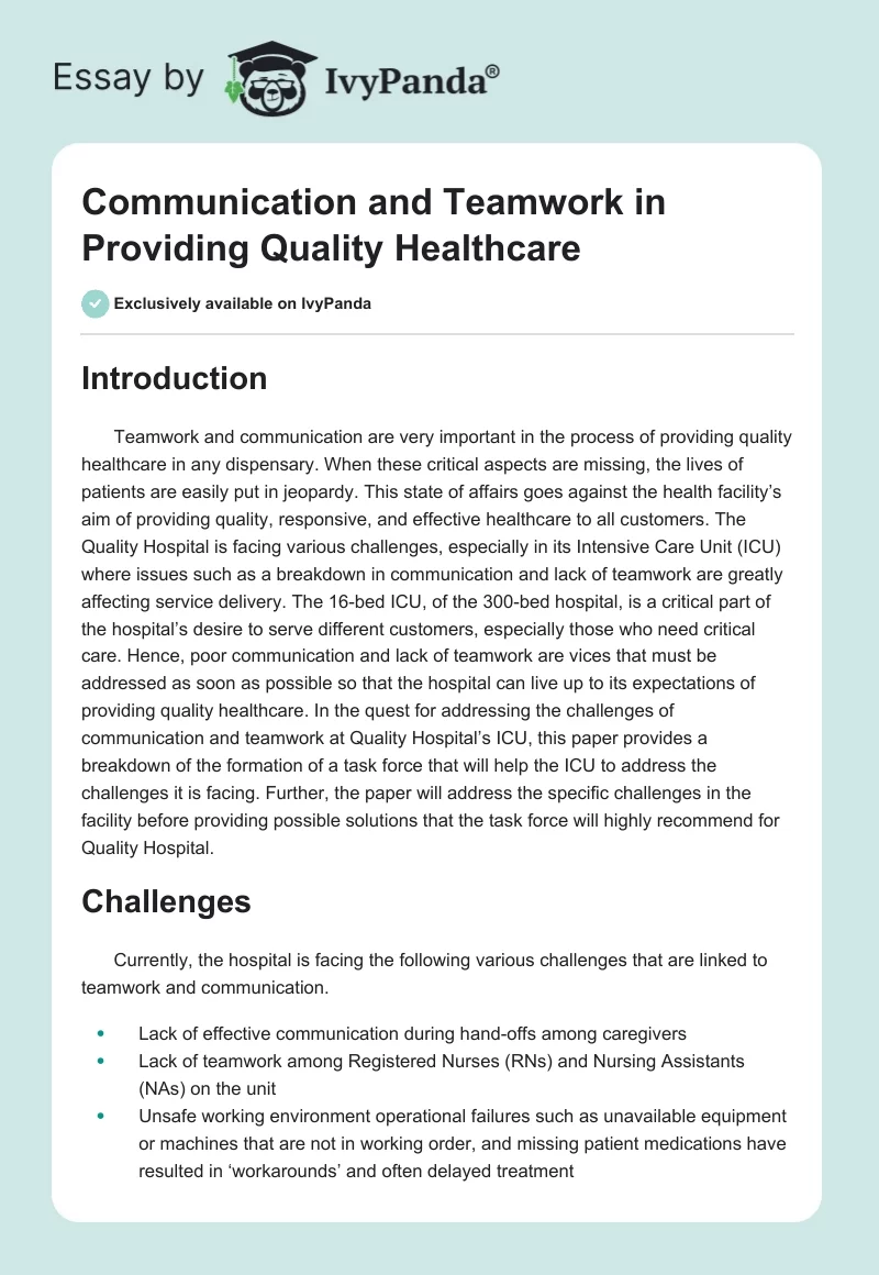 Communication and Teamwork in Providing Quality Healthcare. Page 1