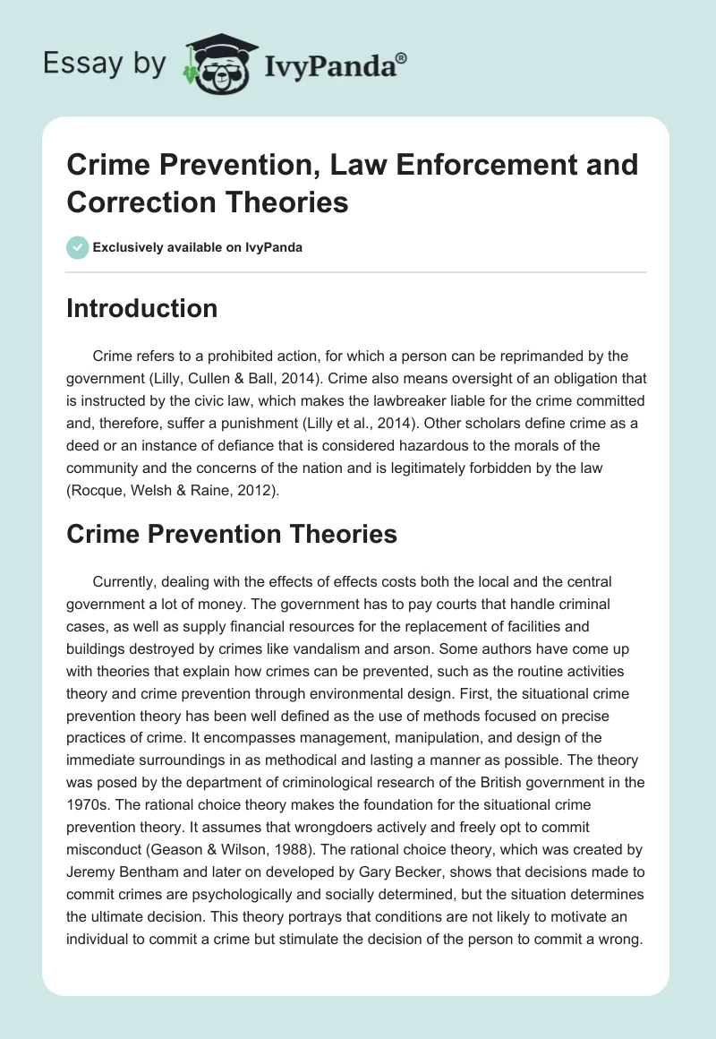 Crime Prevention, Law Enforcement and Correction Theories. Page 1