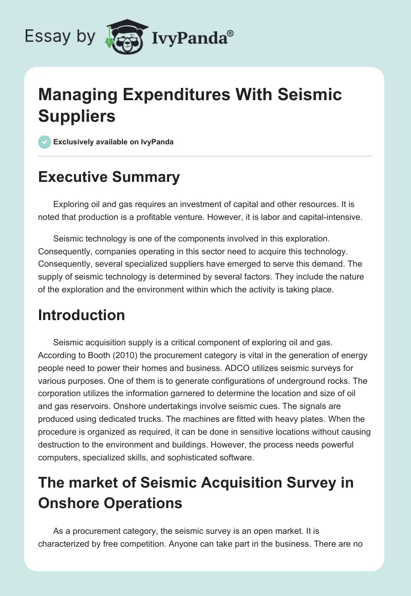 Managing Expenditures With Seismic Suppliers. Page 1