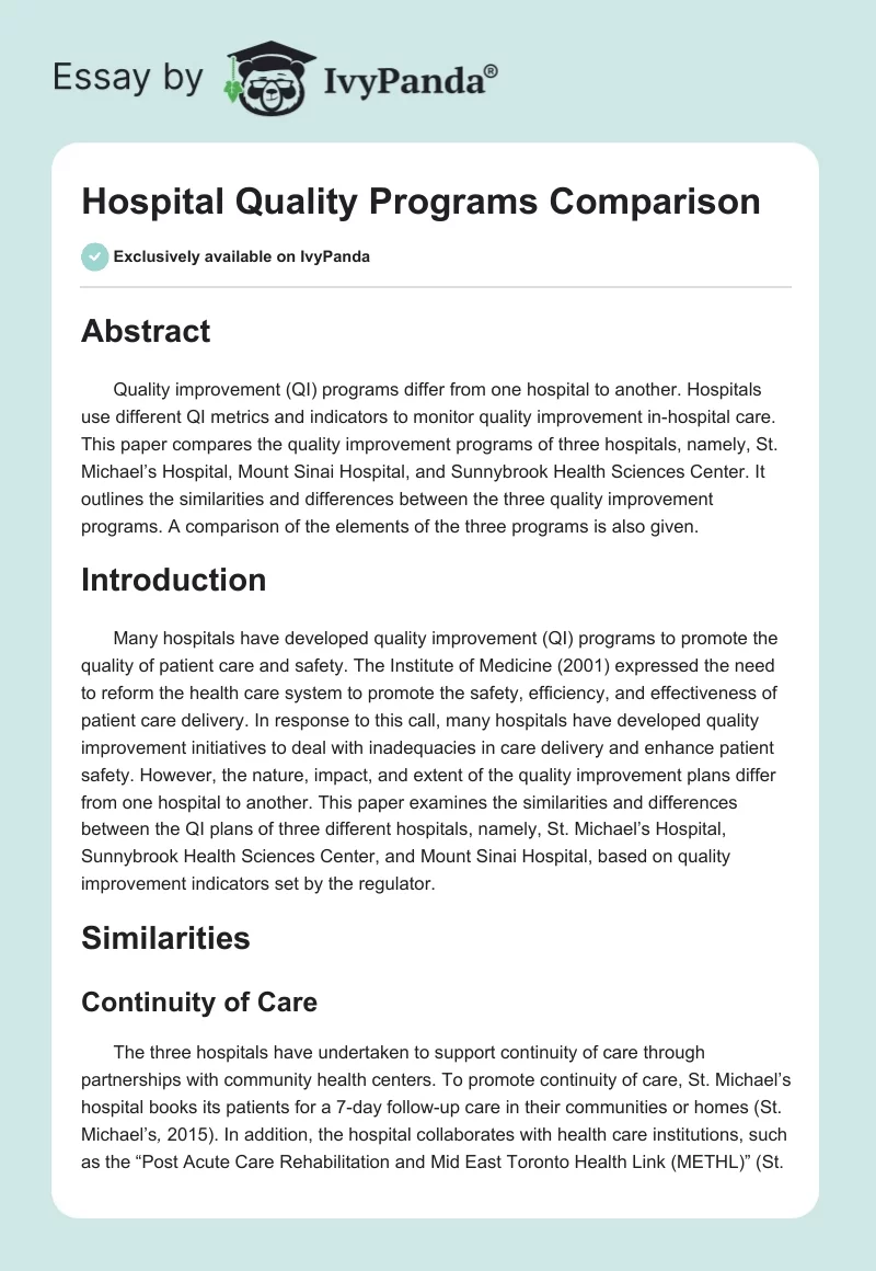 Hospital Quality Programs Comparison. Page 1