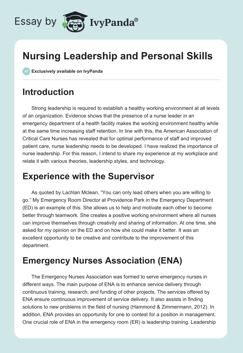Nursing Leadership and Personal Skills. Page 1