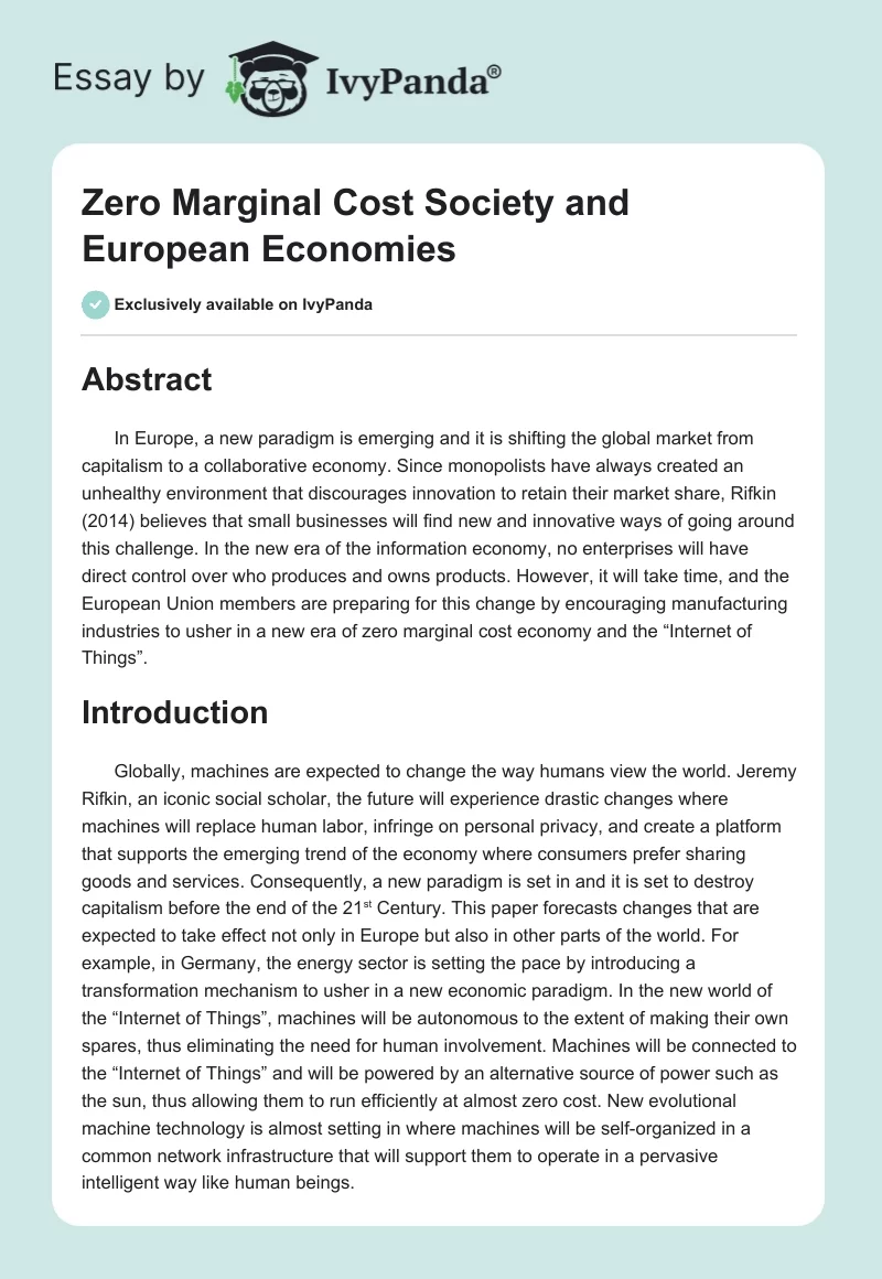 Zero Marginal Cost Society and European Economies. Page 1